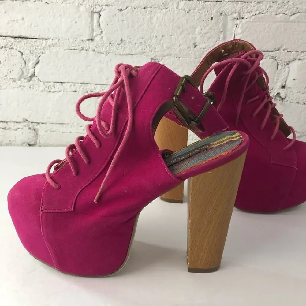 Vintage Shoe Republic LA Y2K Magenta Pink Velvety Platform Wooden Heels